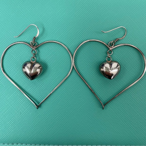 Silver Heart Drop Earrings, Vintage Sterling Silver Double Heart Hoop Earrings - Picture 4 of 8